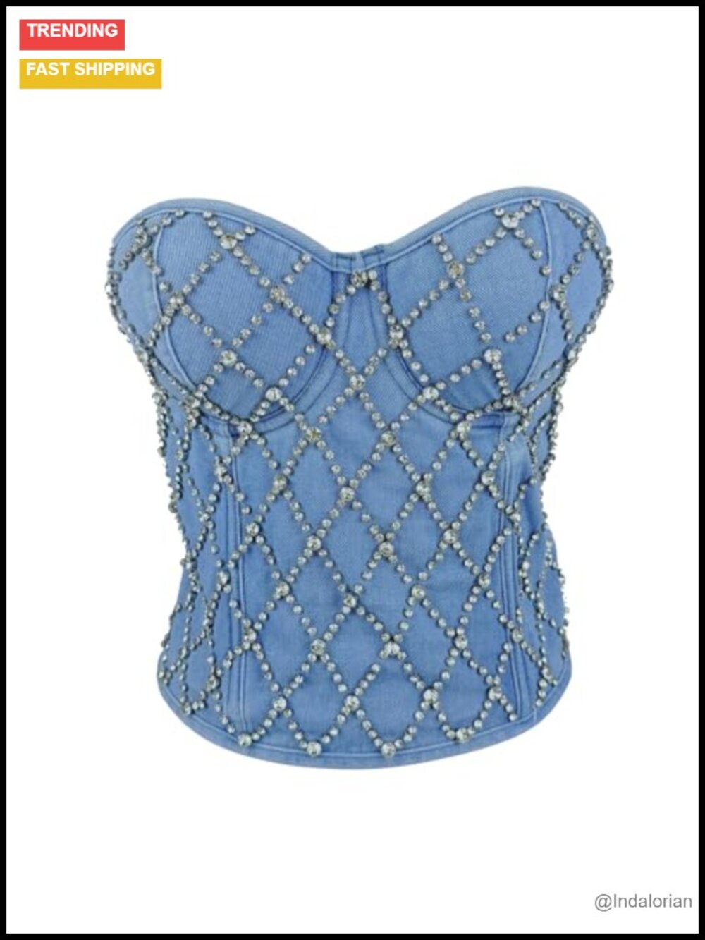 Denim Rhinestone Corset Bustier Top Side Zipper Bodysuit